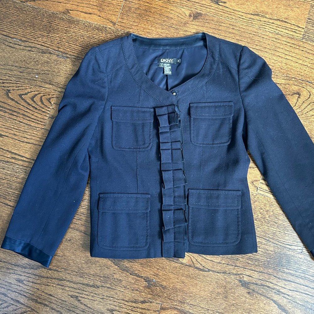 DKNY wool short blazer with ruffle details